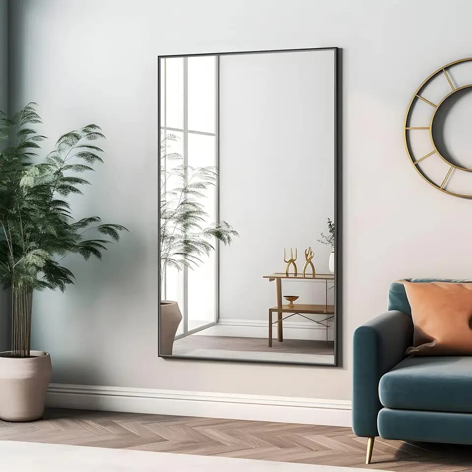NeuType Full Length Mirror Hanging or Leaning Against Wall, Large Rectangle Bedroom Mirror Floor Mirror Dressing Mirror Wall-Mounted Mirror, Thin Frame,Black,52"x32",No Stand