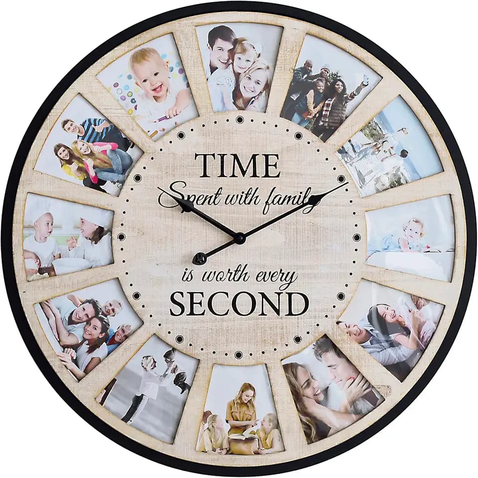12 Photo Collage Rustic Wood Farmhouse Wall Clock, Large Family Picture Wall Clock for Living Room, Home, Kitchen, Silent Battery Powered 24 Inch Natural
