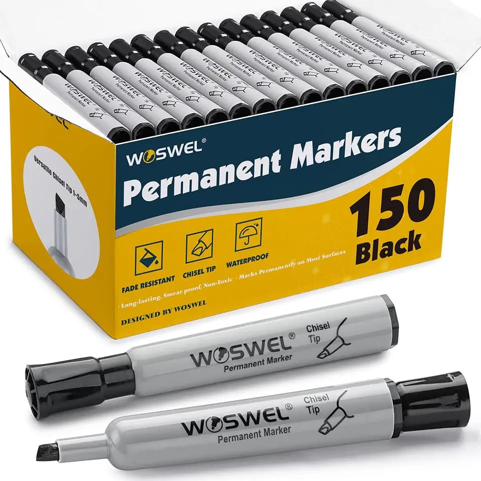 WOSWEL 150 Pack Permanent Markers Bulk, Chisel Tip, Black, Jumbo Thick Large Permanent Markers, Wide Tip Markers, Works on Plastic,Wood,Stone,Metal and More, Perfect for Signs and Posters