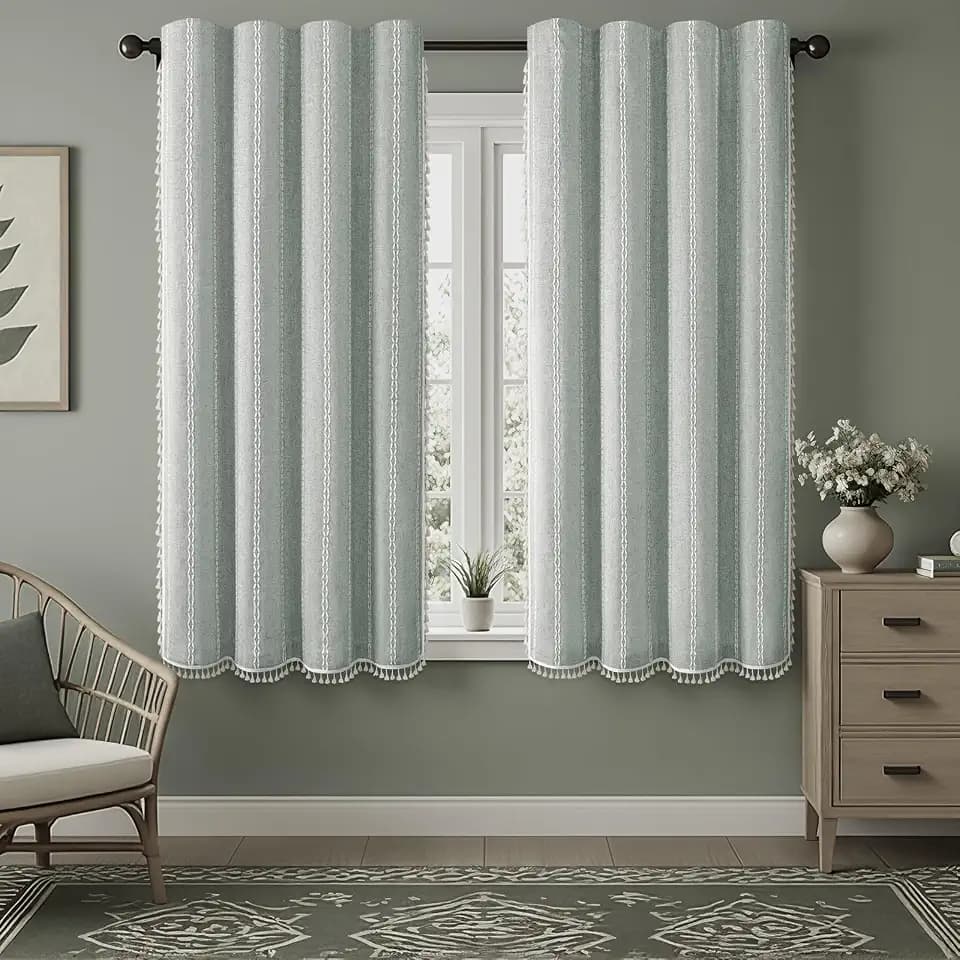 Teal 100% Boho Blackout Curtains 63 Inch 2 Panels with Tassels