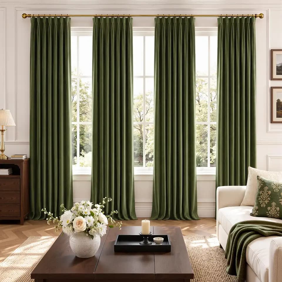 96 inches long Pinch pleated Velvet Curtains 4 Panels Set,Blackout,Green