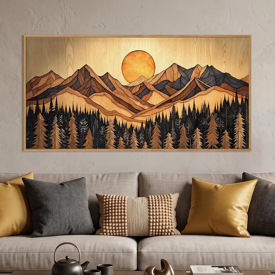 Boho Mountain Woodcut Framed Canvas Wall Art Set -20"x40"