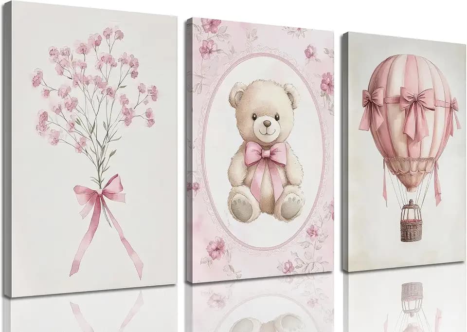 3pcs Pink Baby Room Canvas Wall Art Nursery Wall Decor Pictures with Bow Hot Air Balloon Teddy Bear Flowers Posters Prints for Girls Bedroom Playroom Decorations Framed (16inx24in canvas)