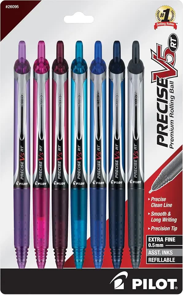 PILOT Precise V5 RT Retractable Rollerball Pens, 0.5mm, Assorted, 7-Pack