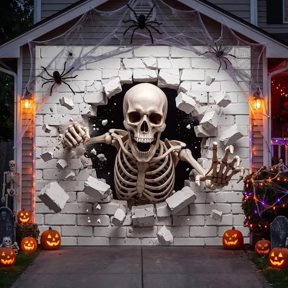 Halloween Garage Door Cover 7x8 Ft, Horror Skull Garage Door Halloween Cover, Spooky Skeleton Large Front Door Banner Sign Decorations, Holiday Backdrop Background Supplies Decor