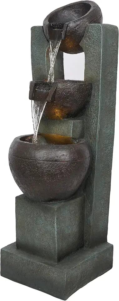 Alpine Corporation TZL400 34" 3 Tier Basin Cascading Fountain with LED Lights, Elegant Outdoor Water Feature for Garden, Patio, Yard & Outdoor Spaces, Relaxing Waterfall Fountain, Gray