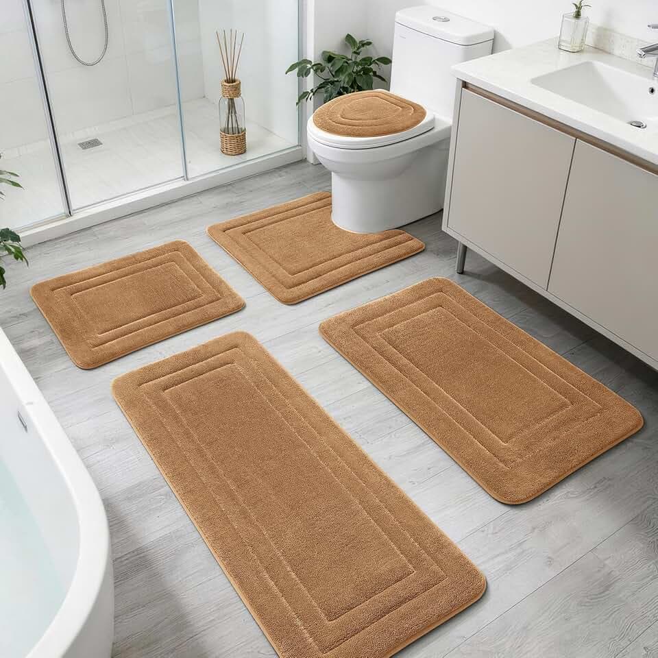 YIHOUSE 5-Piece Towel-Like Memory Foam Bathroom Rug Set, Khaki