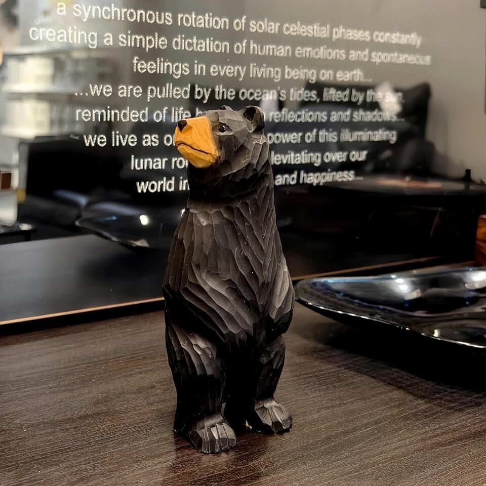 Wooden Black Bear Statue 12.2”L Hand Carved Cabin Decor Gift