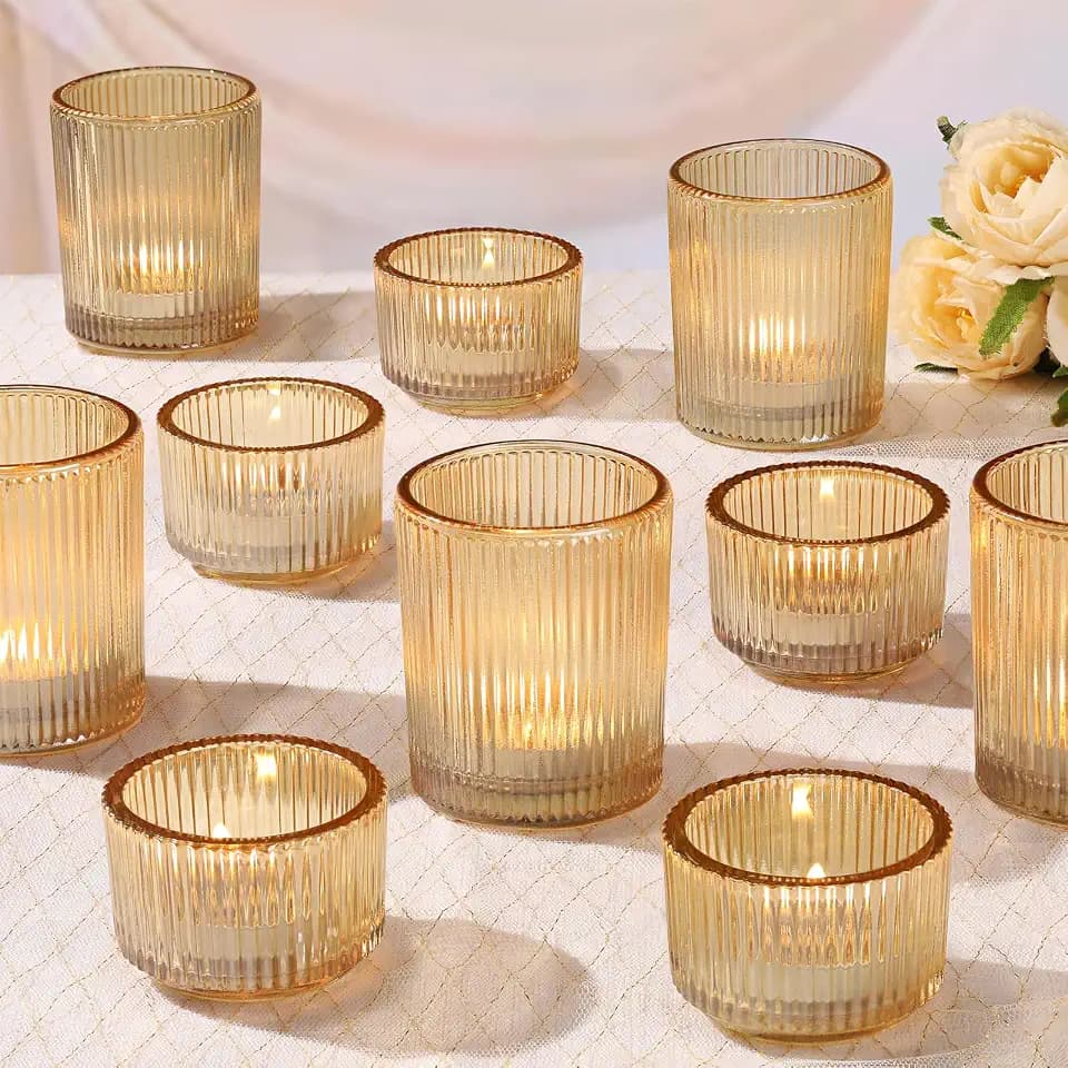 NITIME 10pcs Ribbed Gold Votive Candle Holders, Assorted Glass Tea Light Candle Holders for Wedding Centerpieces, Brithday, Party and Holiday Decorations