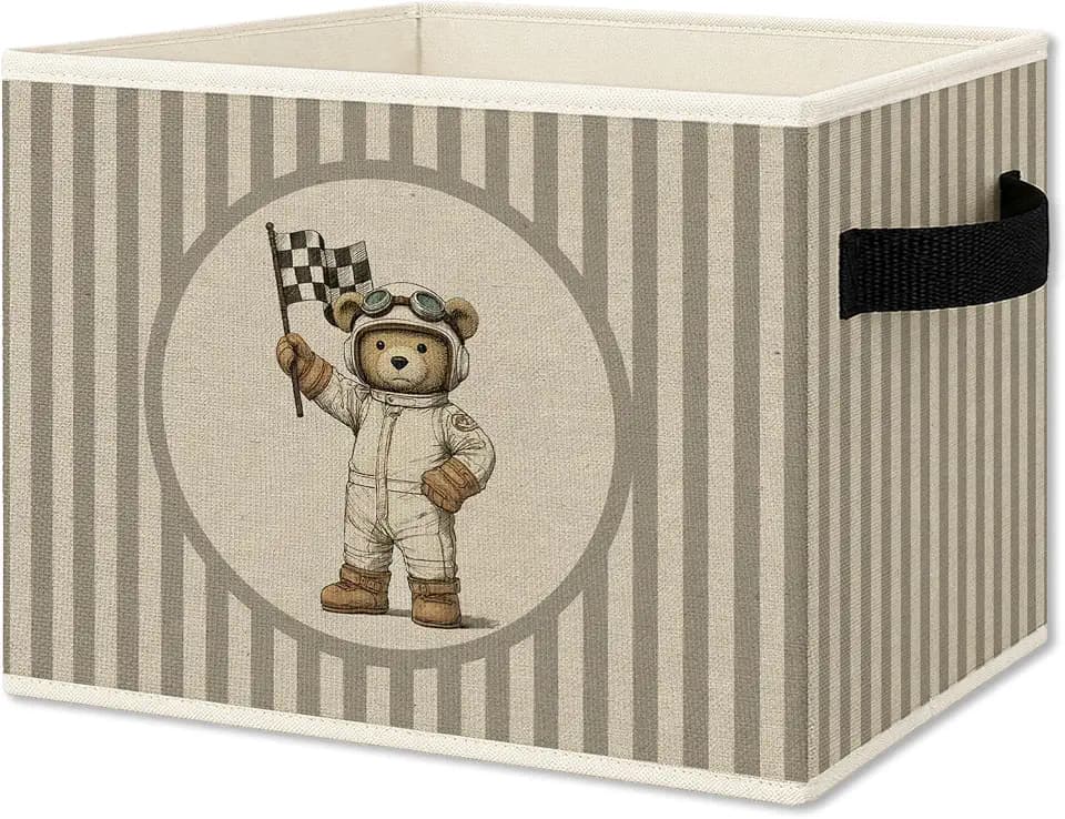 Race Car Bear Nursery Foldable Storage Bins Box with Handles, Neutral Striped Bear Race Car Sports Collapsible Organizer Basket for Boys Kids Bedroom Bathroom Playroom Clothes Books