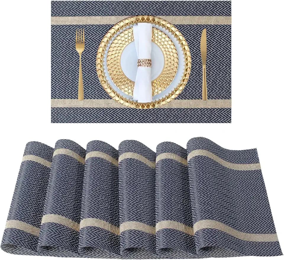 FAVE Placemats Set of 6 Blue Placemats Woven with Golden Threads