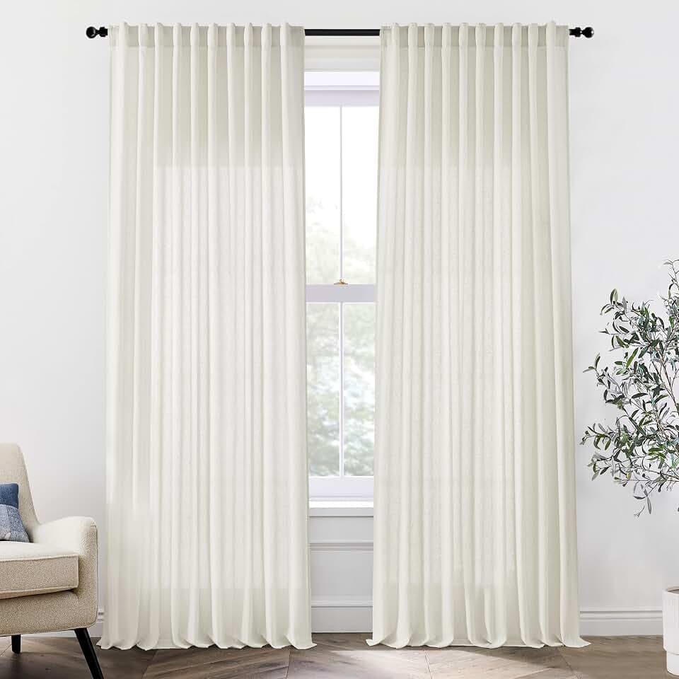 Extra Wide Curtains 70 In Width for 60 & 72 Inch Window,Pleated Back Tab Linen Semi Sheer Full Length Curtains for Living Room Sliding Glass Door 2 Panel Set,72x108,70x108,6FT x 108 Inches Long,Cream