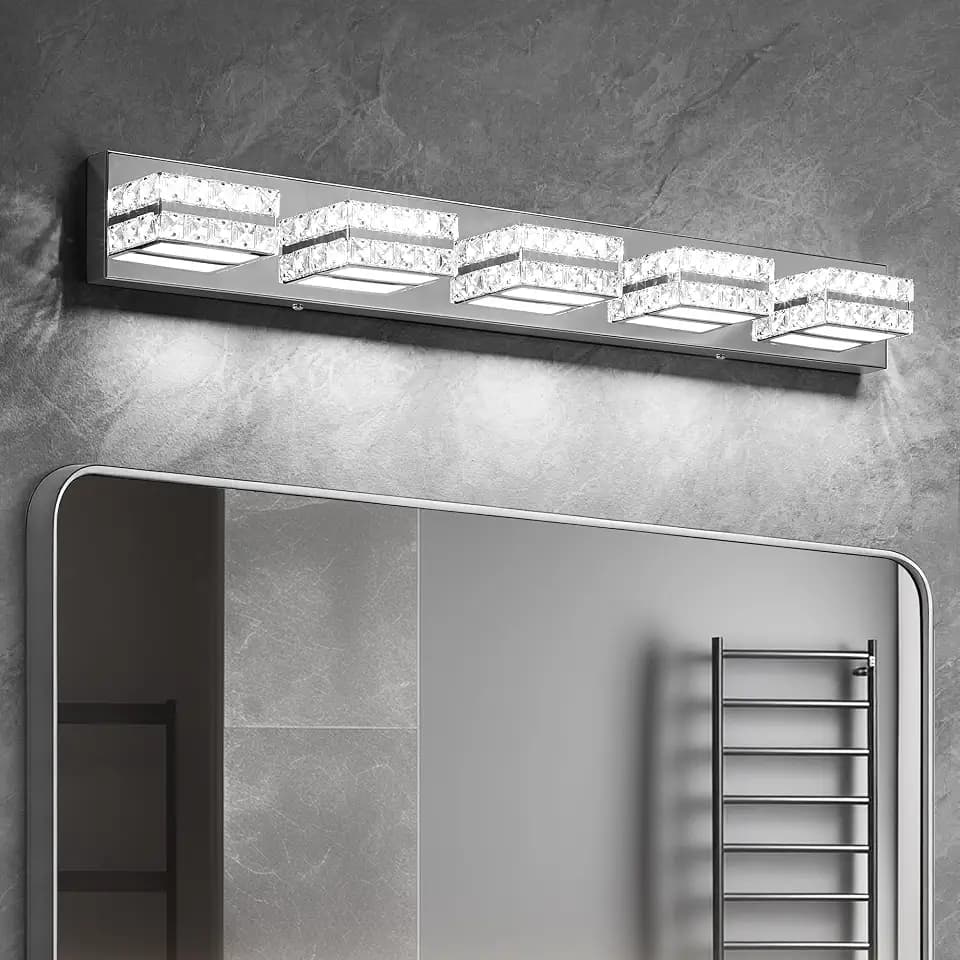 OKELI Crystal Vanity Lights LED Bathroom Vanity Light Fixture Over Mirror Modern Indoor Chrome Lamp, 6000K Cold White Dimmable, 5-Lights, 32W