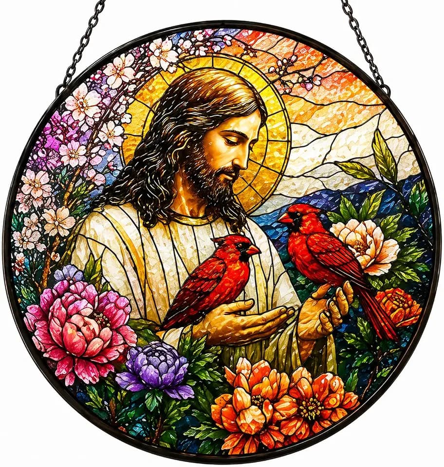 GUANKE Jesus & Cardinals Glass Suncatcher for Windows, 6.3 Inch