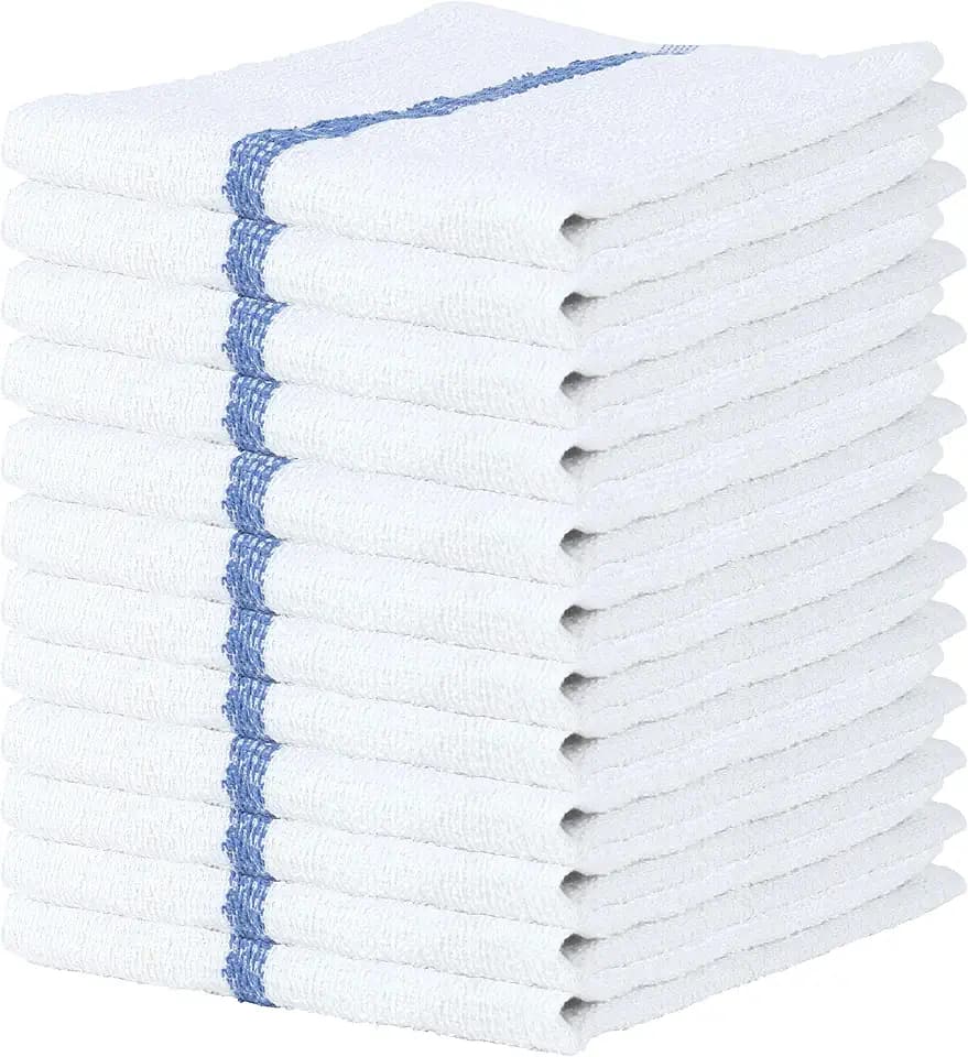Arkwright Bar Mop Towels, Pack of 12, 100% Cotton Kitchen Dishcloths, Absorbent Quick Dry Cleaning Cloths for Restaurant, Bar and Home Kitchen, 16 x 19 in, White/Blue