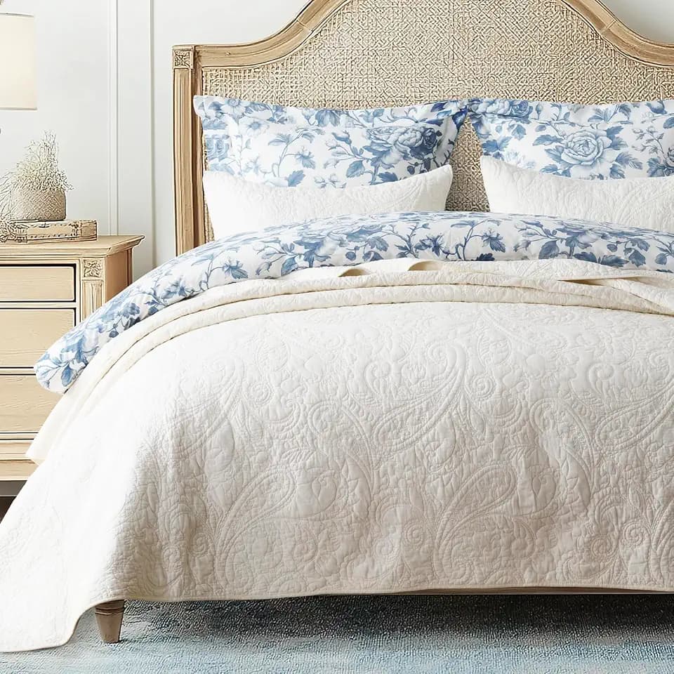 EVERGRACEHOME 100% Cotton Paisley Quilt Set, King Size, Ivory Cream