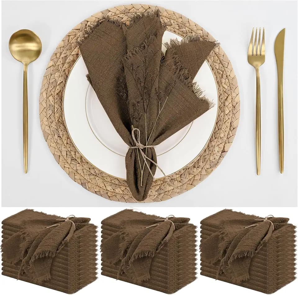 36 Pack Brown Napkins Cotton Linen Napkins 16 x 16 Inch Brown Cloth Napkins Handmade with Fringe Soft Napkins Cloth Washable Rustic Dinner Napkins Cloth for Wedding Party Dinner Table