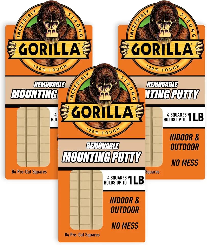Gorilla Removable Mounting Putty Reusable & Repositionable Adhesive 84 Count Pre-Cut Squares (Pack of 3) Holds 2 lbs Back to School Supplies for Teachers Students Parents, Indoor Outdoor