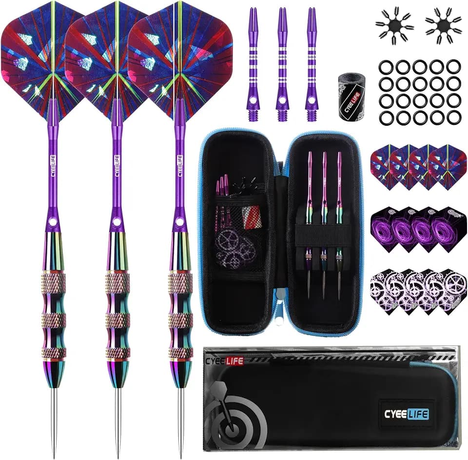 CyeeLife Steel Tip Darts Set,3 Pack Professional Dart with 6 Premium Aluminum Shafts,3 Style PET Flights,Dart Sharpener, Rubber Rings, Flight Protector and Dart Case,Colorful