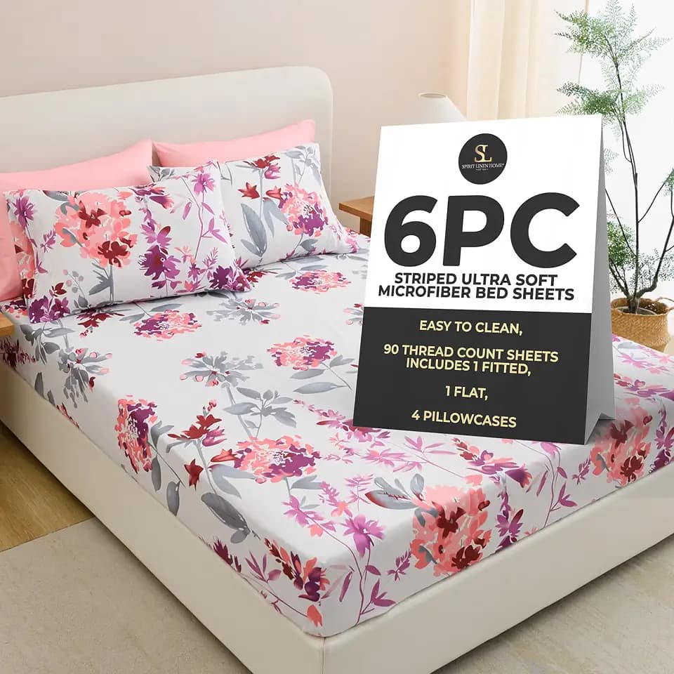 Home 6-Piece Soft Cozy Bed Sheet Set - Queen, Grey/Pink Floral
