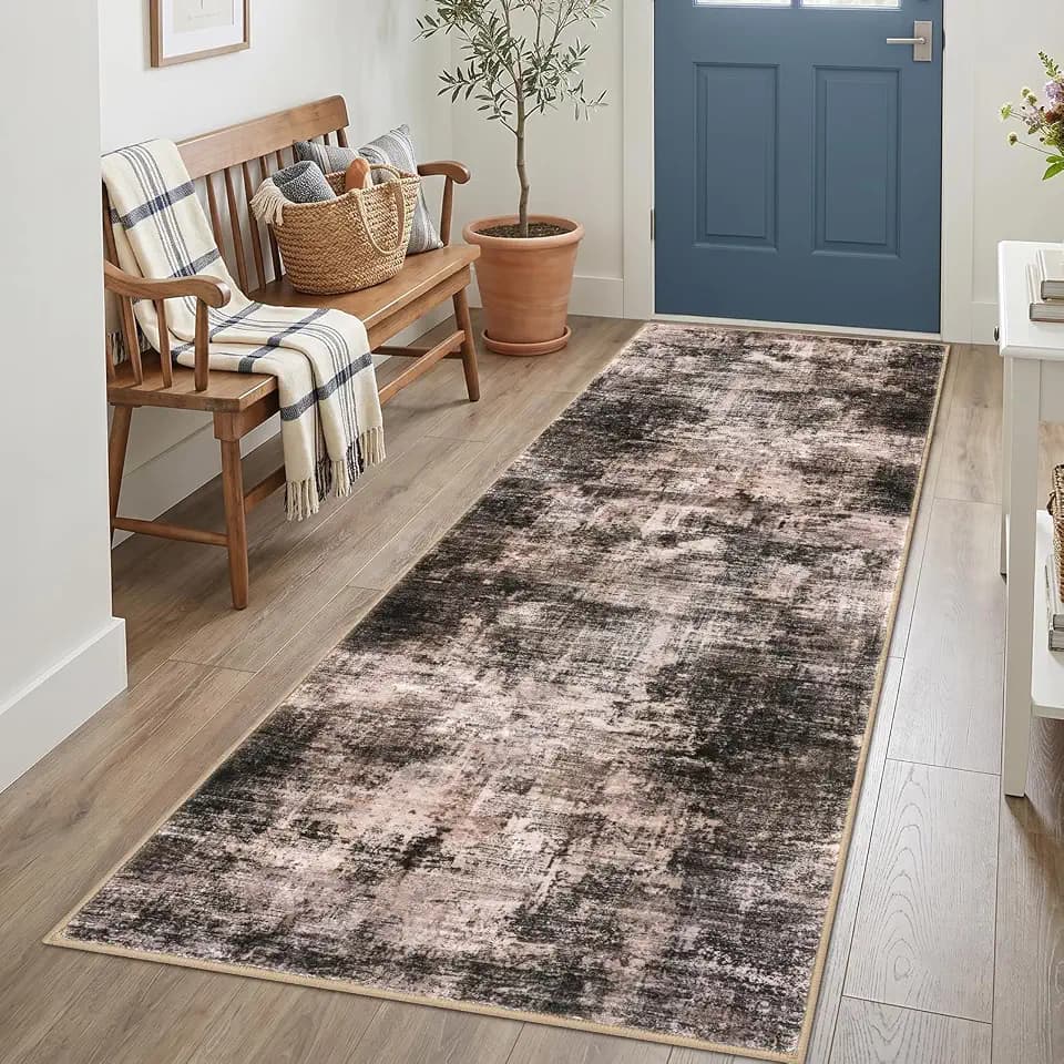 IOHOUZE Abstract Runner Rug 3x7 Ft Washable Runners for Hallways, Non Slip Kitchen Runner Printed Faux Wool Entryway Runner Indoor, Modern Abstract Floor Carpet for Hall Kitchen Bedroom, Brown/Rust