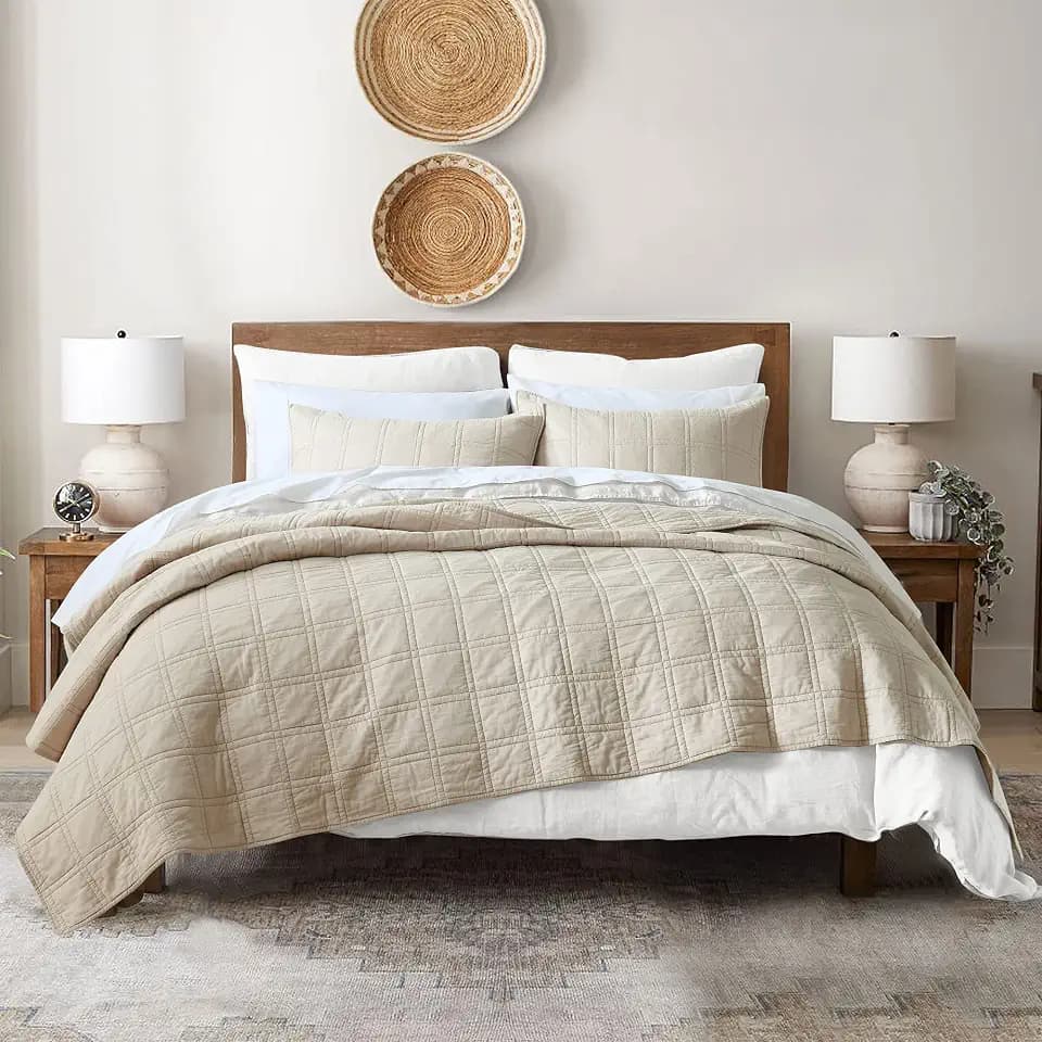 HORIMOTE HOME 100% Cotton Quilt Twin Size Beige Bedspread, Pre-Washed 2-Piece Cozy Lightweight Stitching Decorative Bedding Cover Coverlet Set with 1 Sham in Geometric Pattern for All Season