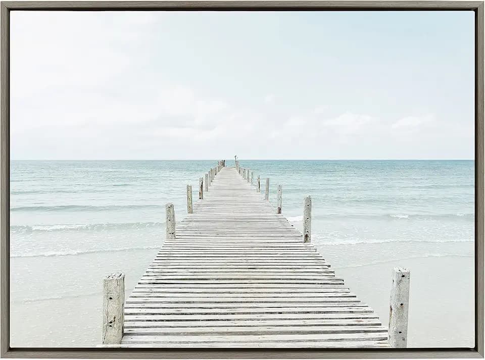 Kate and Laurel Sylvie Wooden Pier on the Beach Framed Canvas Wall Art by Amy Peterson Art Studio; 28x38 Gray; Decorative Coastal Art Print for Wall