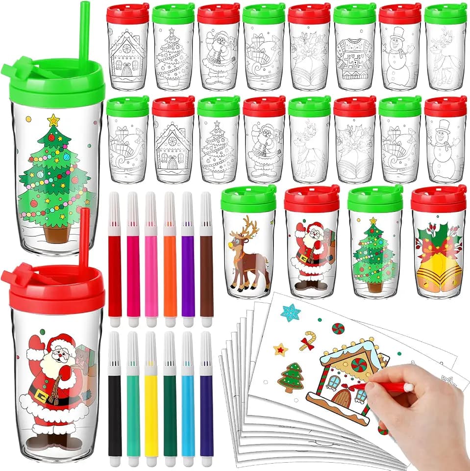 16 Sets Christmas DIY Color Your Own Cups, Coloring Cup with Lid and Straw