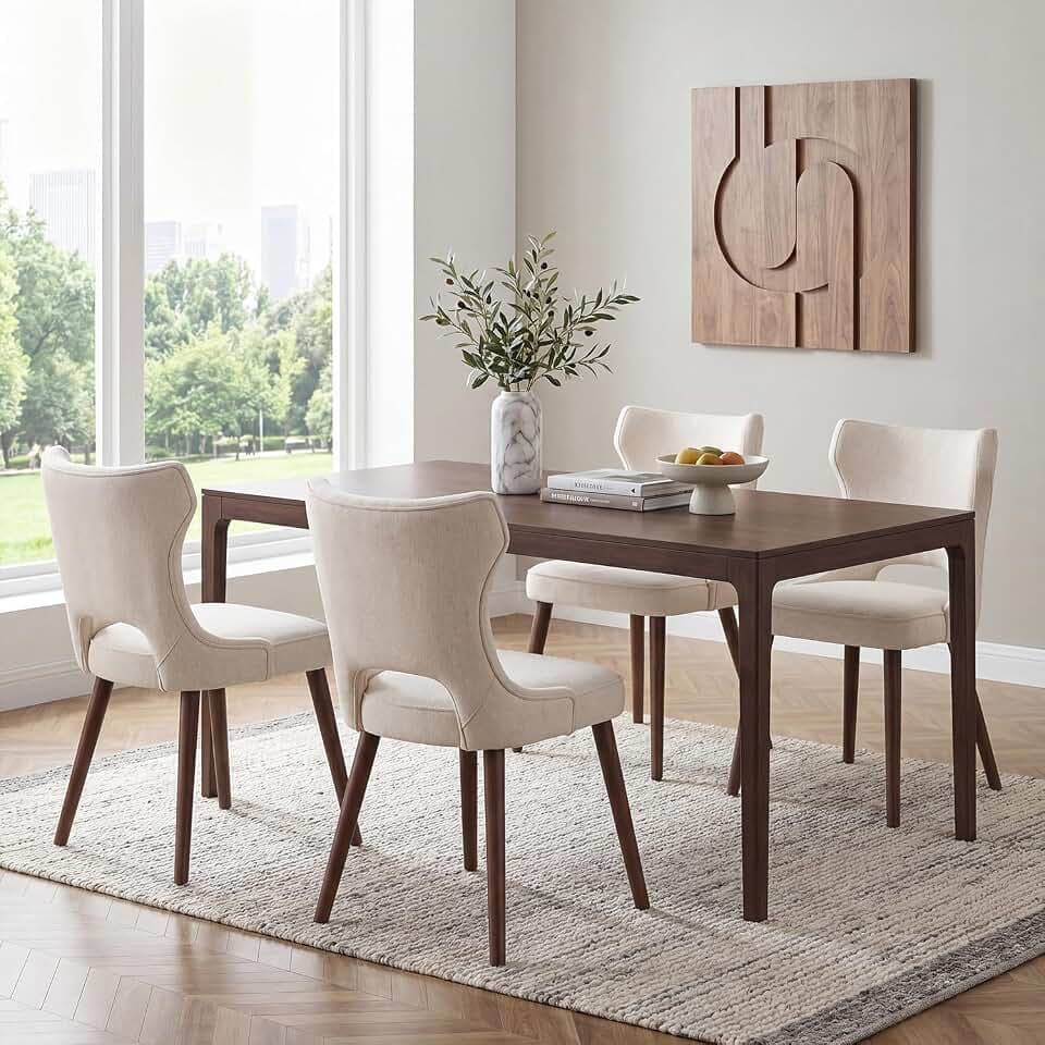 Wooden Dining Chairs Set of 4, Mid Century Dining Room Chairs with Solid Wood Legs, Upholstered Fabric Kitchen Chairs with Ergonomic Curved Backrest for Kitchen Dining Room, Beige