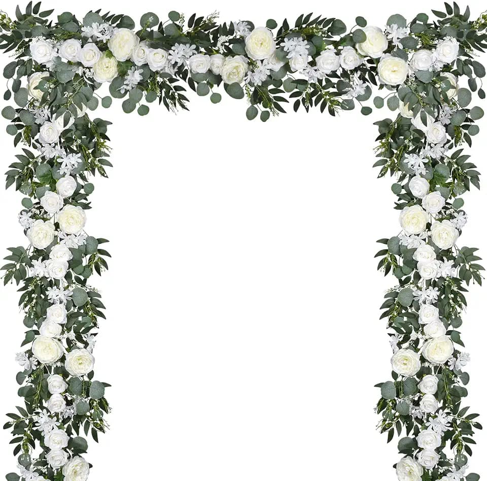 Lvydec 2 Pack Artificial Peony Flower Garland - 6ft Silk Peony Vine Willow Leaves and Eucalyptus Garland White Arch Flower Vine for Wedding Party Table Decoration (White)