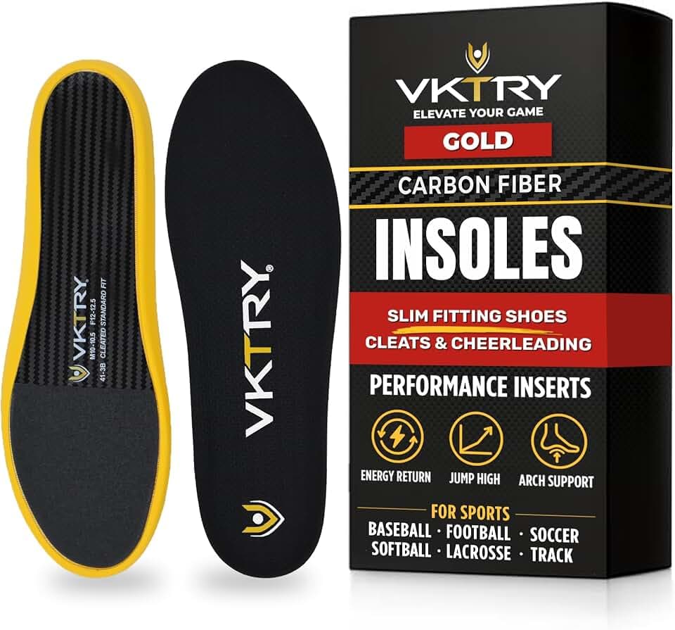 VKTRY Performance Einlegesohlen – Gold VKs für Cleated Sports – Kohlefaser Stoßdämpfende Schuheinlagen – Fußball, Baseball/Softball, Lacrosse, Radfahren, Rugby und mehr, Gewicht 77.5-100 Kg, US: Men