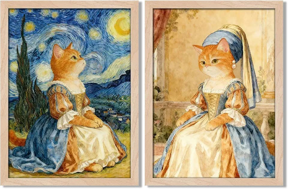 Leaf&Lre Framed Cat Wall Art Canvas Print, Funny Cat Painting Inspired by Classic Art, Solid Wood Frame with Acrylic Cover, Vintage Style Animal Wall Art for Living Room Bedroom Office12x16IN