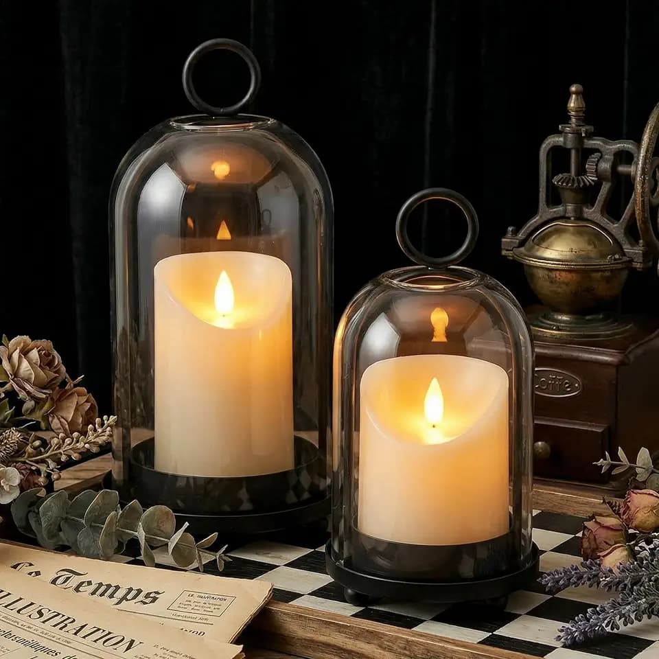 Hurricane Candle Holders Set of 2-10" & 7.8" Black Metal Base with Glass Dome, Includes 2 Pillar Candles, Hanging or Tabletop Centerpiece (Batteries Not Included)