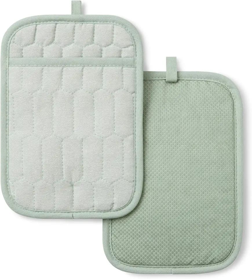 MARTHA STEWART Honeycomb Quilted Chambray Pot Holder 2-Pack Set, 100% Cotton, Flexible Non-Slip Silicone Grip, Heat Resistant, Mint Green, 7"X10"