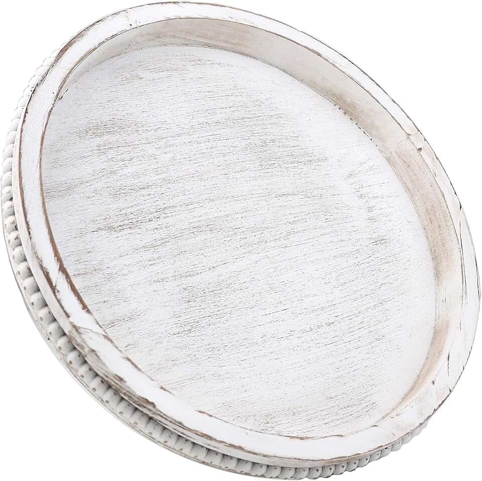 Hrastany Round Wood Serving Tray for Coffee Table, Whitewashed