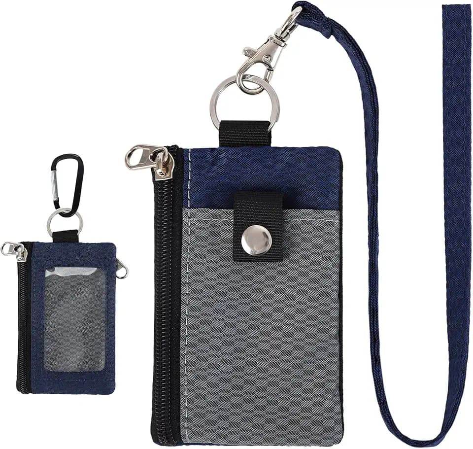 MASAPHlL Small Lanyard Wallet for Women/Men with RFID Blocking ID Holder, Minimalist Nylon Zipper Lanyard Pouch, Travel Neck Wallet with Keychain, ID Window for Card,Coin,Cash (Gray+Dark Blue)