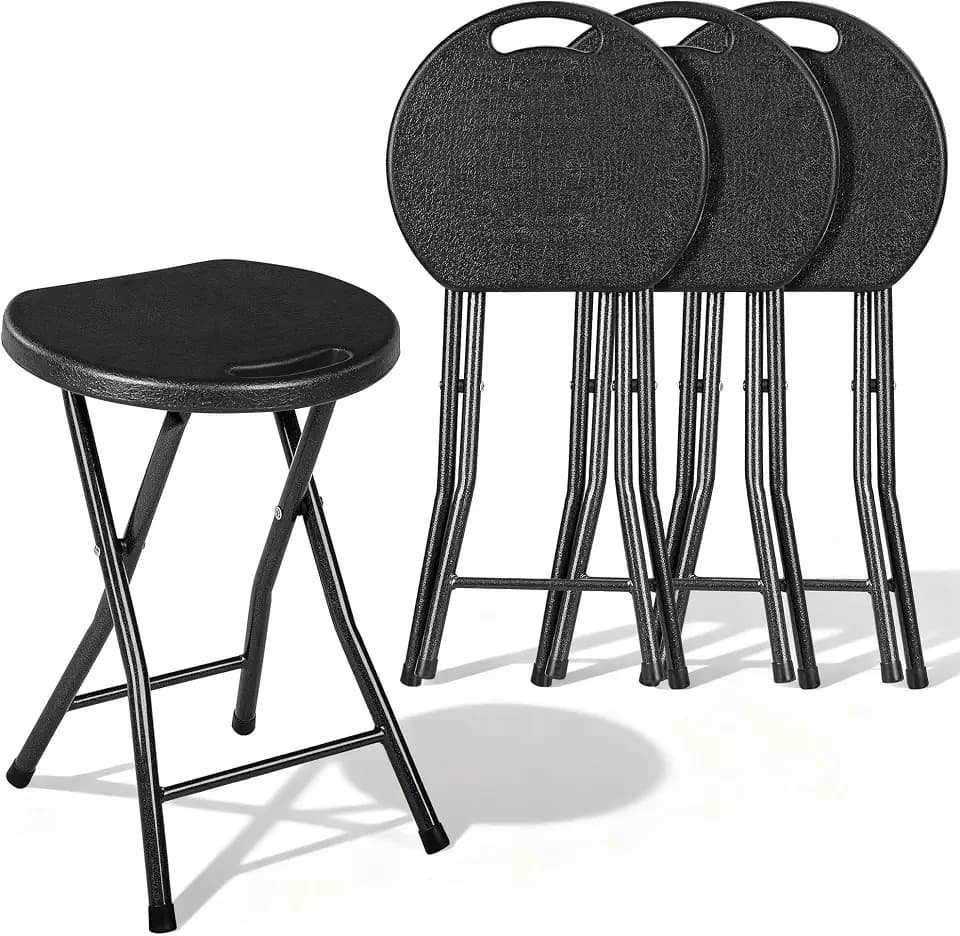VECELO Folding Stool 4-Pack 18", HDPE Foldable Stool with Iron X-Frame, Solid Bottom Support, 500 lbs Capacity, Easy Clean, Lightweight with Handle, Anti-Slip Feet for Indoor Outdoor, Black