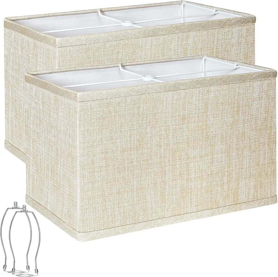 Rectangular Lamp Shades Set of 2, Linen Lamp Shades for Table Lamps, 16"L x 8"W x 10"H, Rectangle Lampshades for Floor Lamp, Spider, Harp Holders Included, Easy Assembly, Champagne Beige