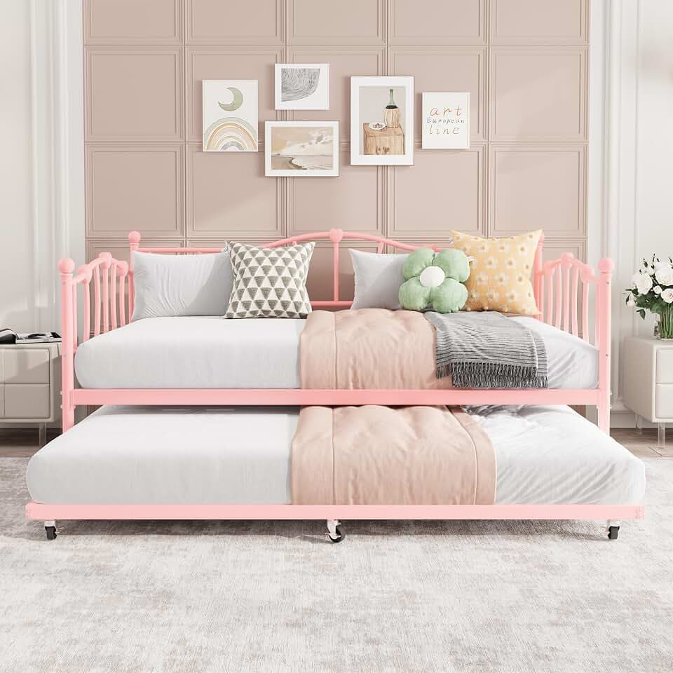 GarveeHome Twin Daybed with Trundle, Metal Sofa Bed Frame with Steel Slat Support, for Living Room, Bedroom, Love Heart Design, No Box Spring Needed, Pink