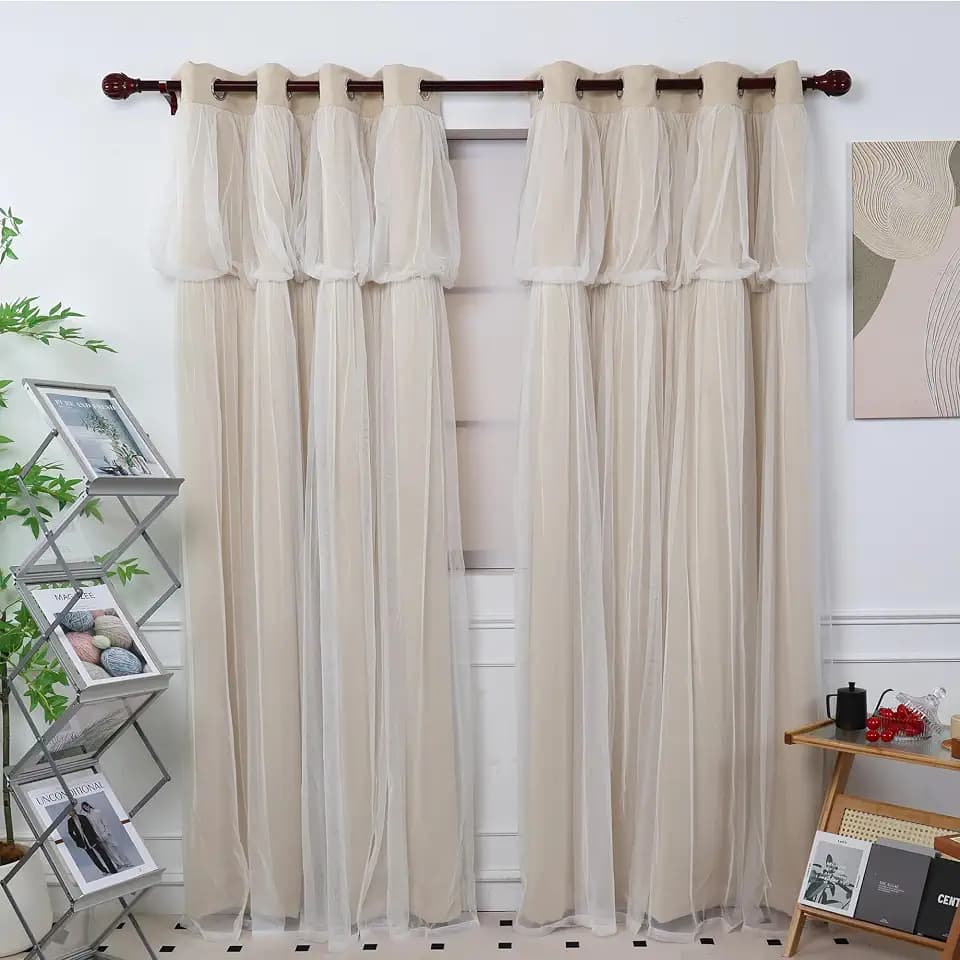 INLINAS Blackout Curtains with Sheer Overlay Thermal Noise Reduction for Bedroom and Living Room Energy Saving Panels, Beige Curtains with White Sheer, 52W x 96L Inch