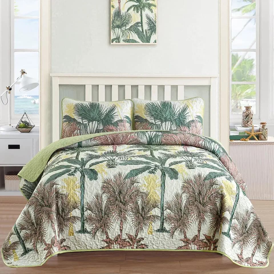 Luxudecor Tropical Plants Quilt Set King Size Green and Brown Palm Coverlet