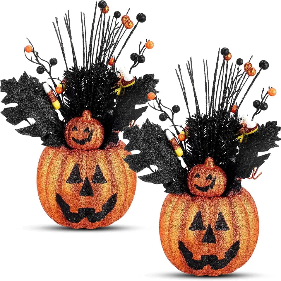 Giegxin 2 Pack Halloween Table Centerpieces Decorations 14'' x 10'' Artificial Flowers Pumpkin with Berries Jack O Lantern Tabletop for Home Kitchen Indoor Outdoor Haunted Party Holiday