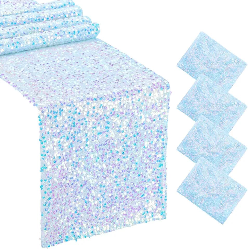 MoKoHouse Blue Table Runner Sequin Fabric - Blue Party Decorations 12 x 72 Inches 4 Packs Table Linens Runner for Ocean Under The Sea Party Decorations