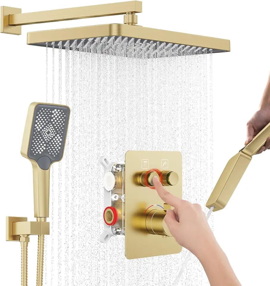 Thermostatic Shower System 13-Inch Rainfall Shower Head - 3 Setting Handheld Sprayer, Complete Bathroom Set with Faucet Mixer Trim Kit & Valve Brushed Gold