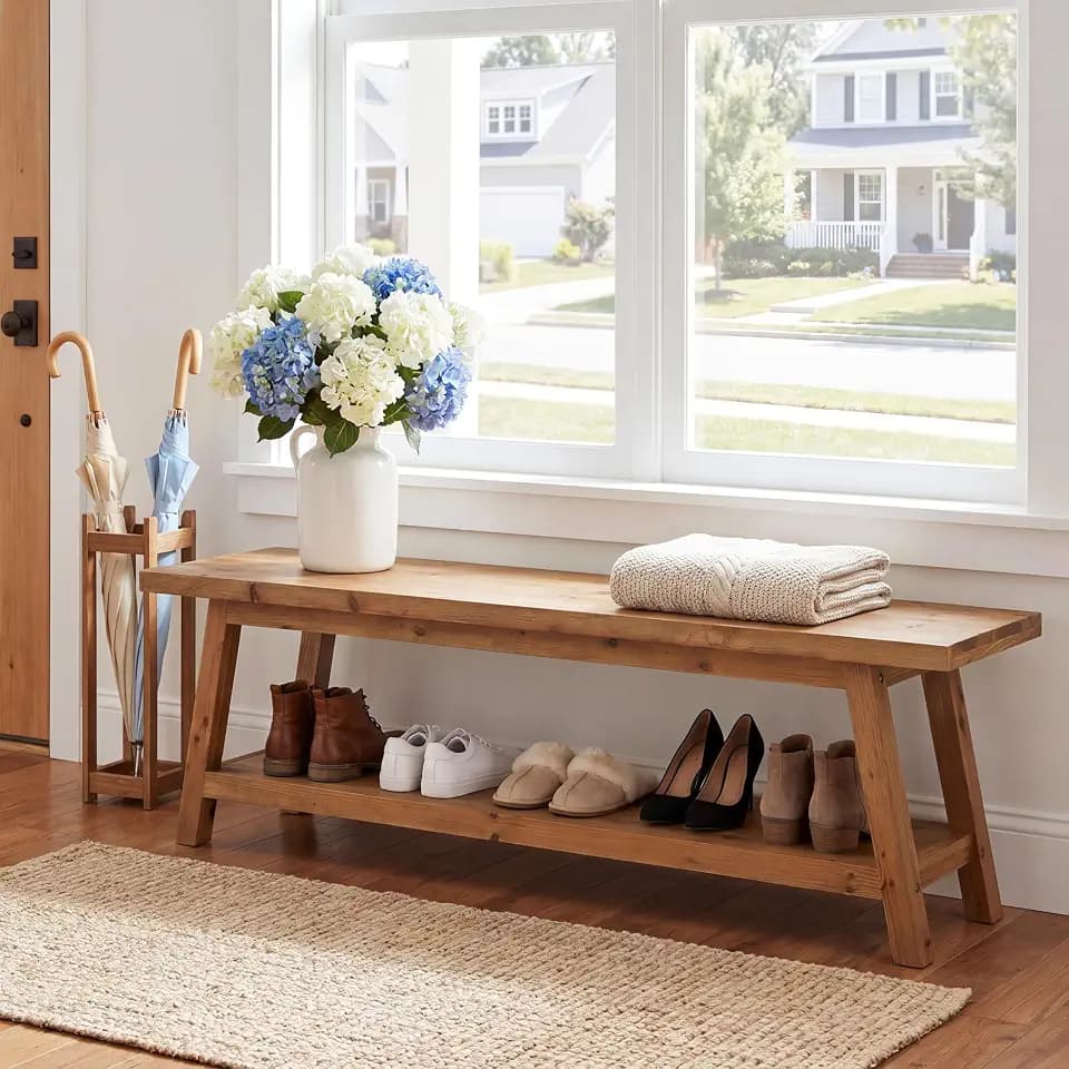 Tribesigns Wood Entryway Bench with Storage Shelf, 63" End of Bedroom Bench, Farmhouse Solid Wood Shoe Bench for Entryway, Bedroom, Living Room