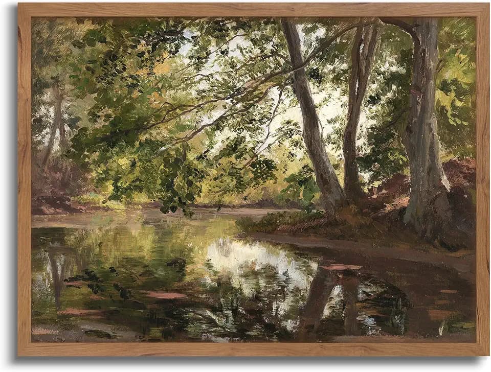 Vintage Wall Art Green Forest Lake Trees Canvas Art Prints Nature Landscape Photography Picture Modern Art Framed Wall Decor Ready to Hang for Bedroom Living Room Home Kitchen Decoration 12x16 Inch
