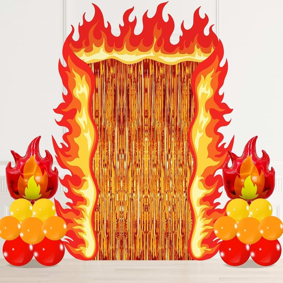 Fire Decorations: Firefighters Party Decorations with Flame Porch Door Banners Flame Balloons Orange Foil Fringe Curtains Fire Decor for Pentecost Fireman Firetruck Theme Birthday Party Favors