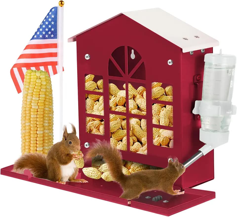 Metal Squirrel Feeder for Outside, Hanging Squirrel House for Outdoors with Water Bottle, Flag and Corn Cobs Holder, Peanut Feeder for Chipmun,Red