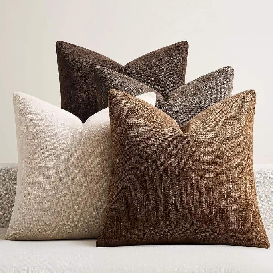 Pack of 4 Throw Pillow Covers 20x20 Inch Chenille Textured Neutral Brown Soft Pillow Covers Solid Decorative Farmhouse Cushion Covers Home Boho Western Decor for Couch Sofa Bed Living Room
