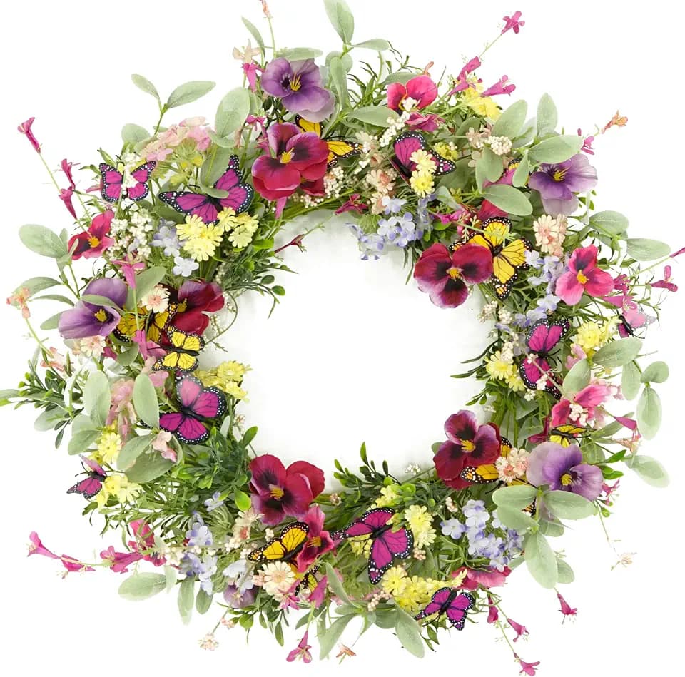 AMF0RESJ Artificial Spring Wreaths for Front Door Pansy Wreath Summer Wreath with Colorful Pansy,Berry,Daisy for Front Door Indoor Outdoor Farmhouse Home Wall Window Festival Decoration